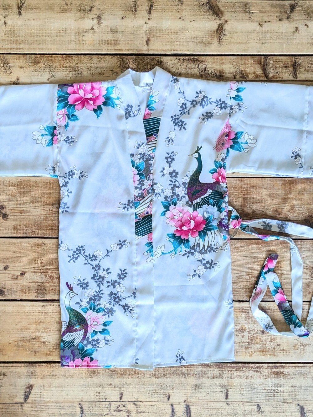 100% Silk Peacock Floral Wrap Kimono Robe Ivory Thailand XXS Boho Festival